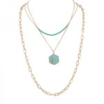 Layered Chain Necklace with Bead Strand and Hexagon Pendant Detail