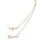 Layered Cross Pendant Necklace with Script Word Detail Adjustable Chain - Image 2