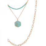 Layered Chain Necklace with Bead Strand and Hexagon Pendant Detail - Image 2